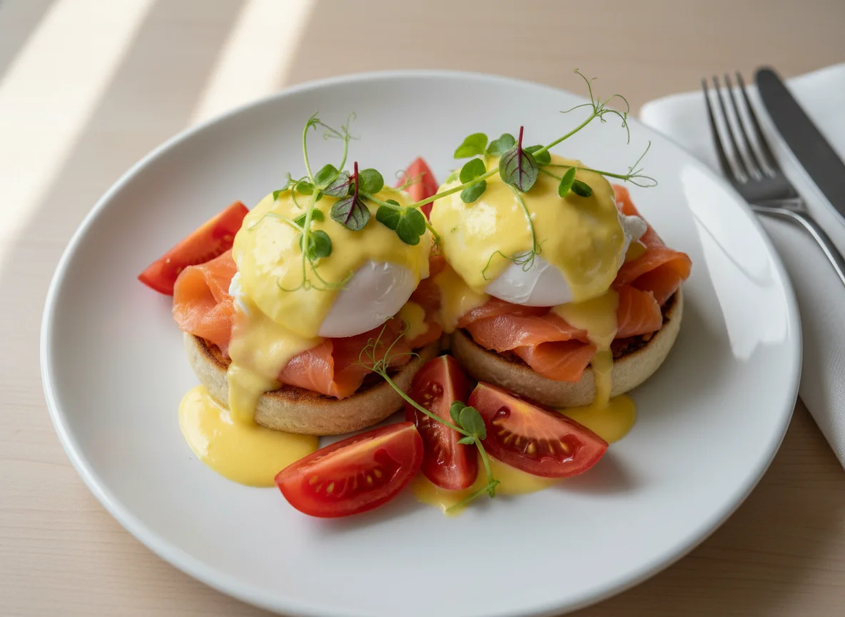 Smoked Salmon Eggs Benedict with Tomatoes photo