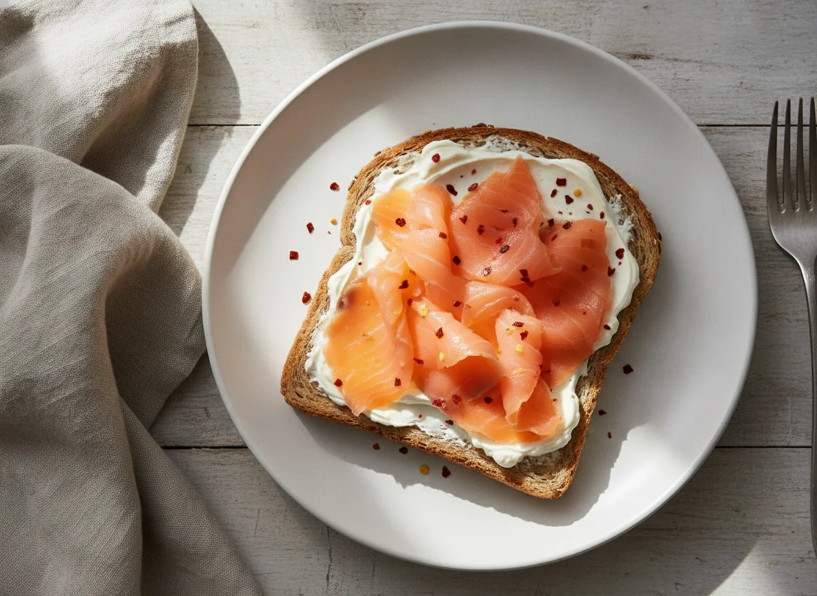 Smoked salmon on whole grain bread with cream cheese photo