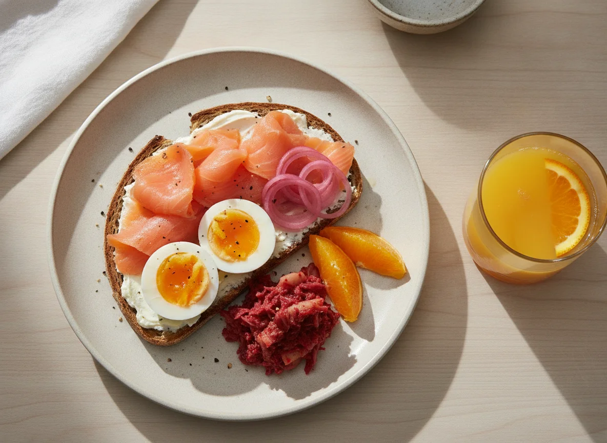Smoked salmon open sandwich with eggs, kimchi, and orange juice photo
