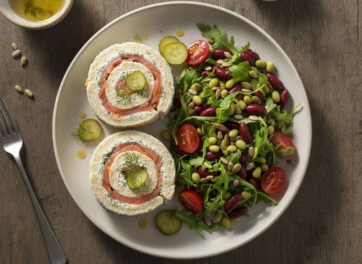 Smoked salmon roll and mixed bean salad photo