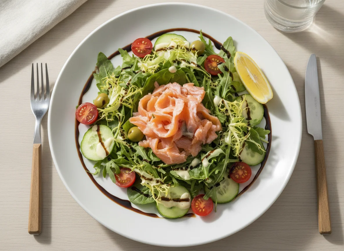 Smoked Salmon Salad with Balsamic Glaze and Dressing photo