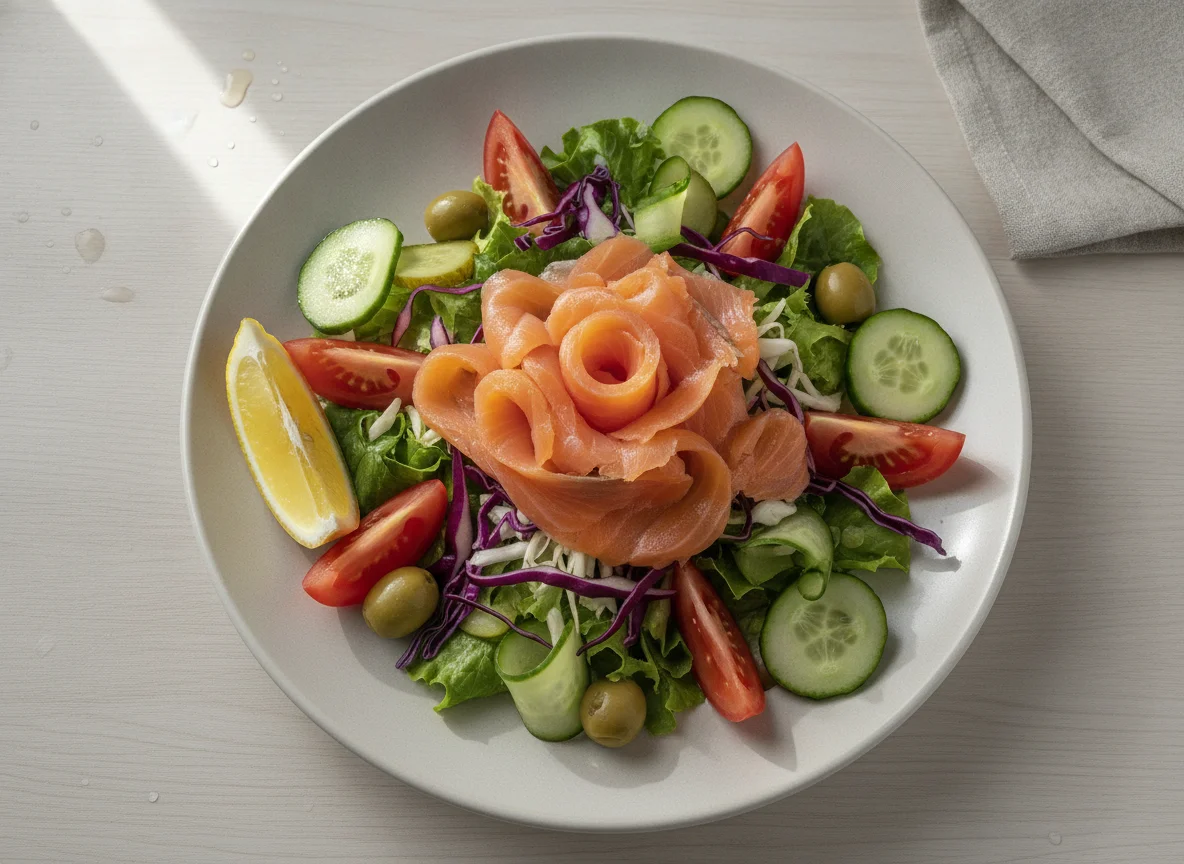 Smoked salmon salad with mixed vegetables photo