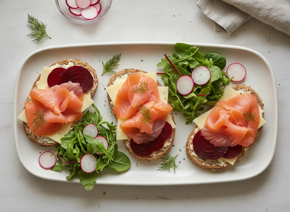 Smoked salmon sandwiches with salad, cheese, and beets photo