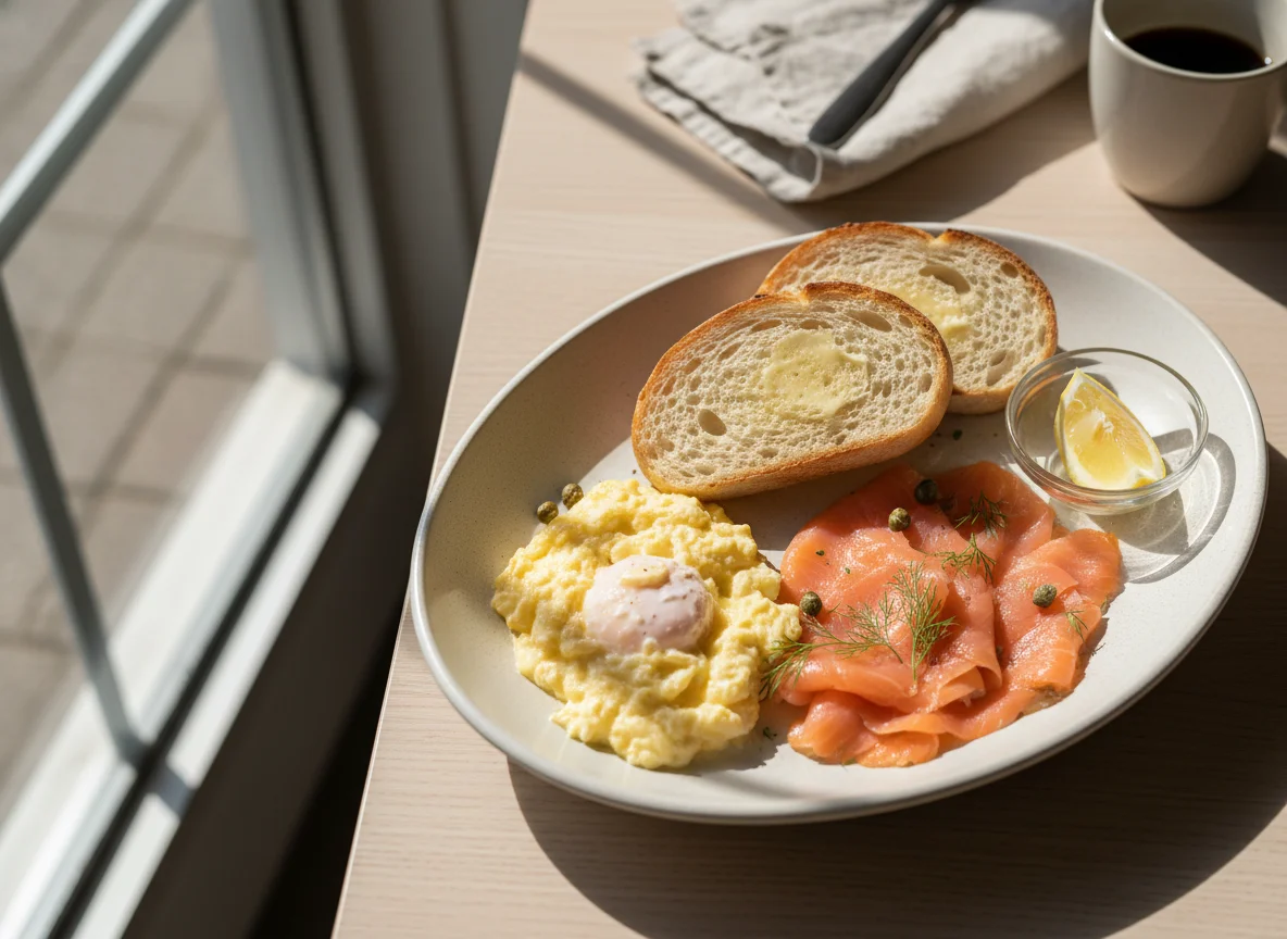 Smoked Salmon, Scrambled Eggs, and Bread photo
