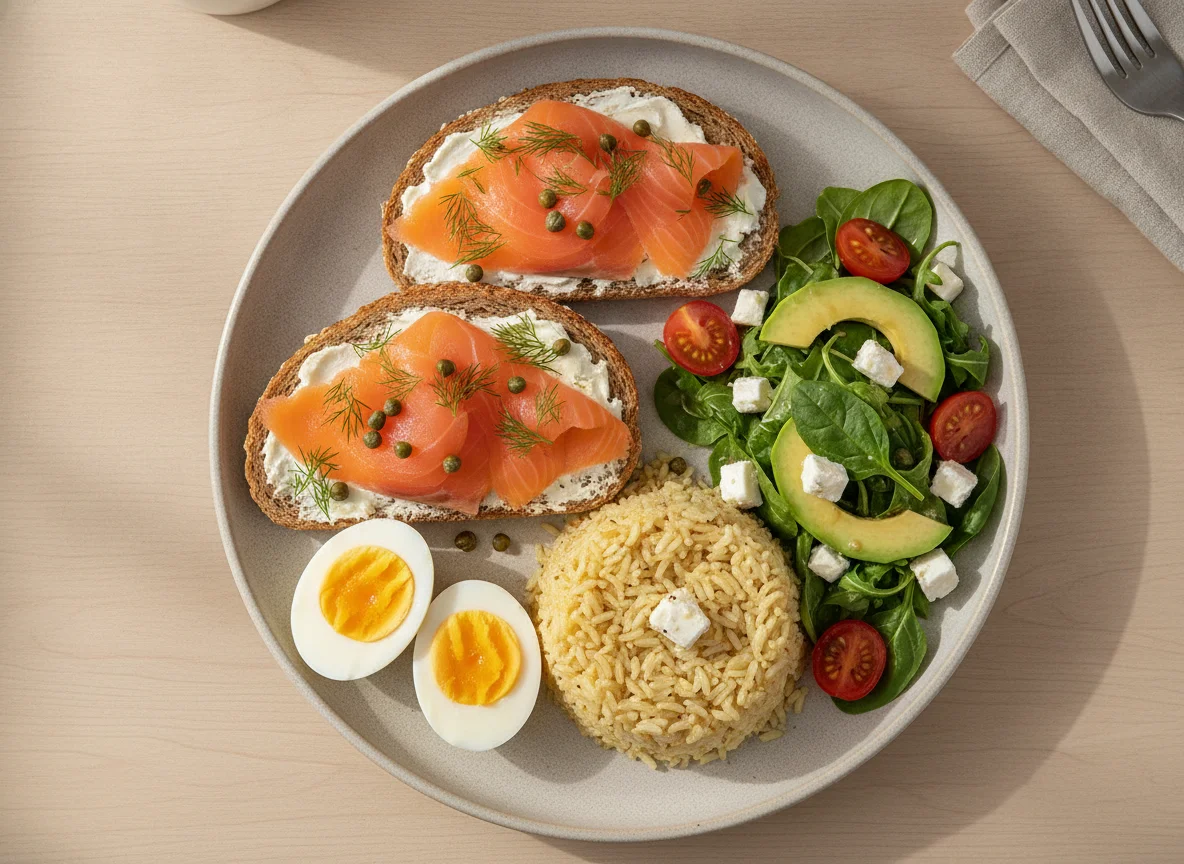 Smoked Salmon Toast with Eggs, Rice, and Salad photo