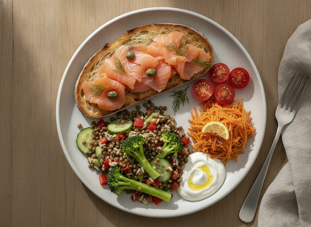 Smoked Salmon Toast with Lentil Salad and Vegetables photo
