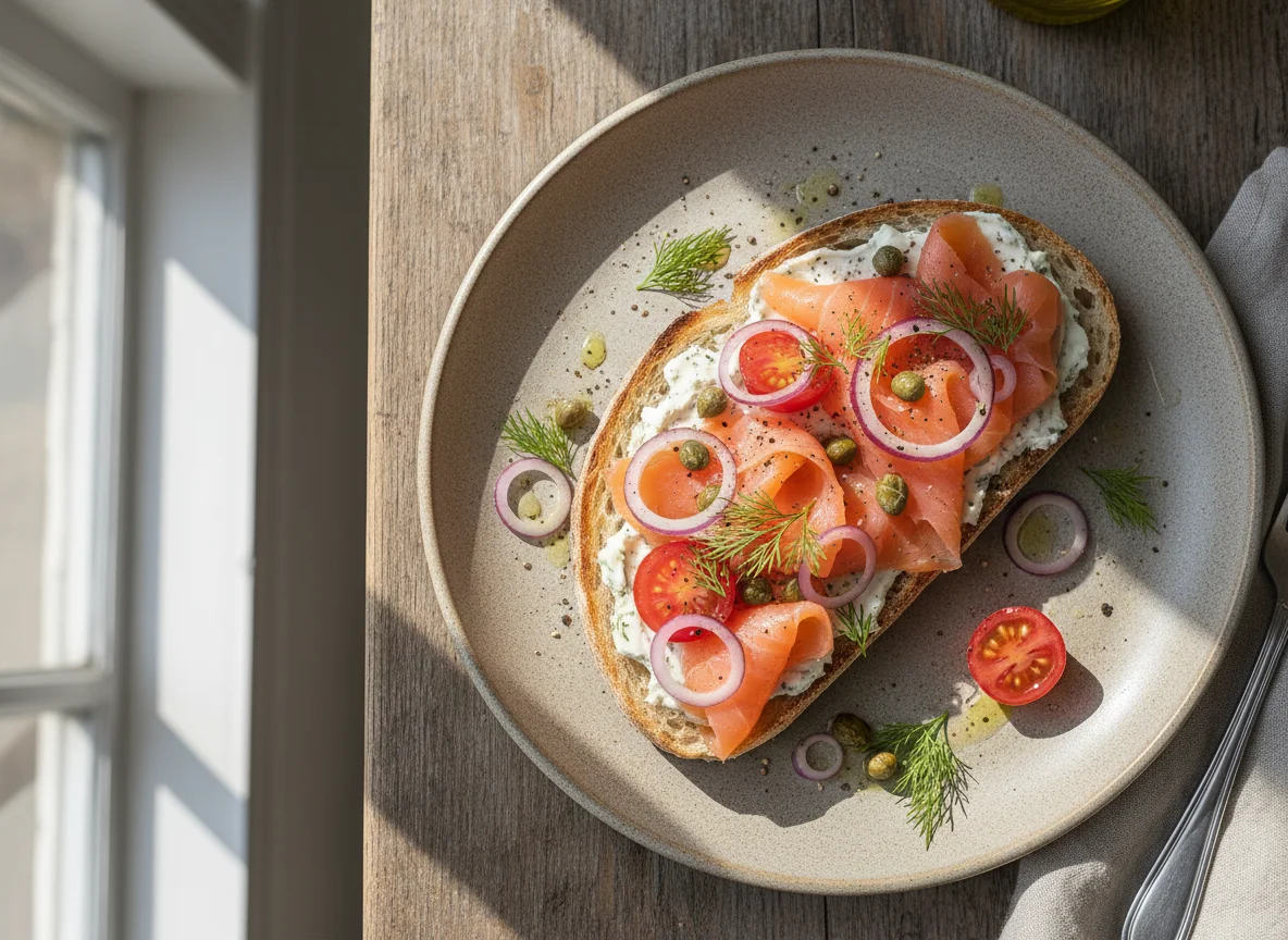 Smoked Salmon Toast with Red Onion and Capers photo