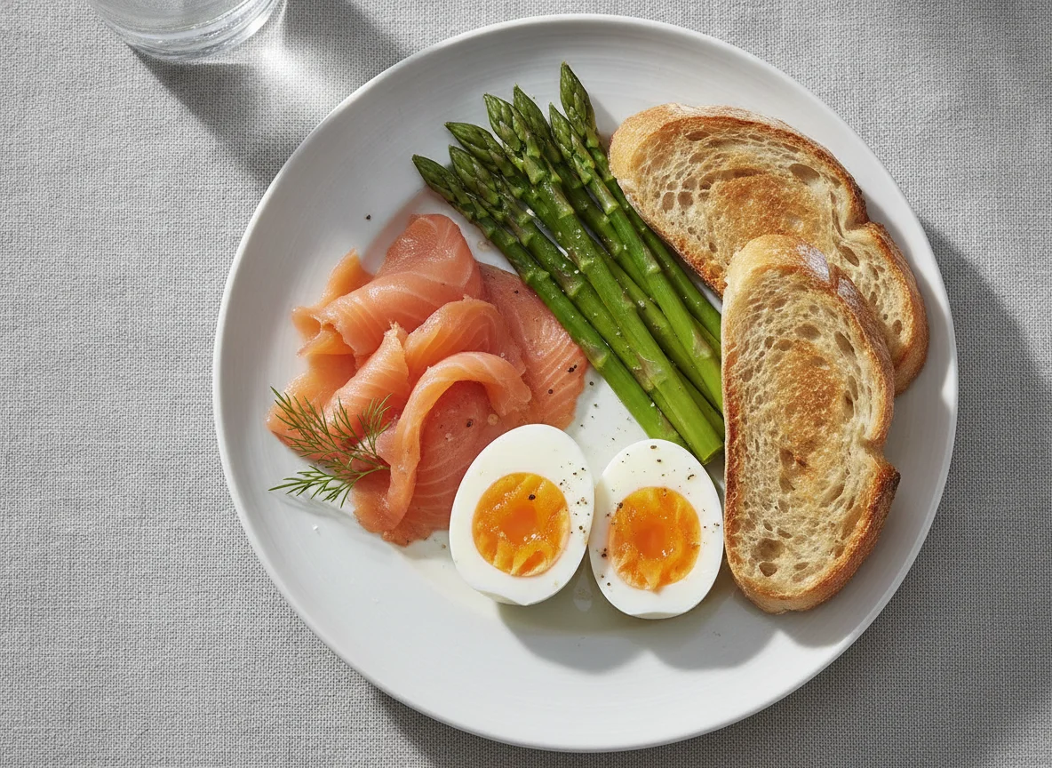 Smoked salmon with boiled eggs, asparagus and baguette photo