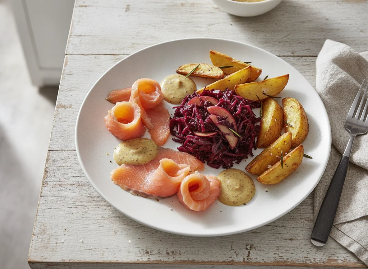 Smoked salmon with red cabbage and roasted potatoes photo