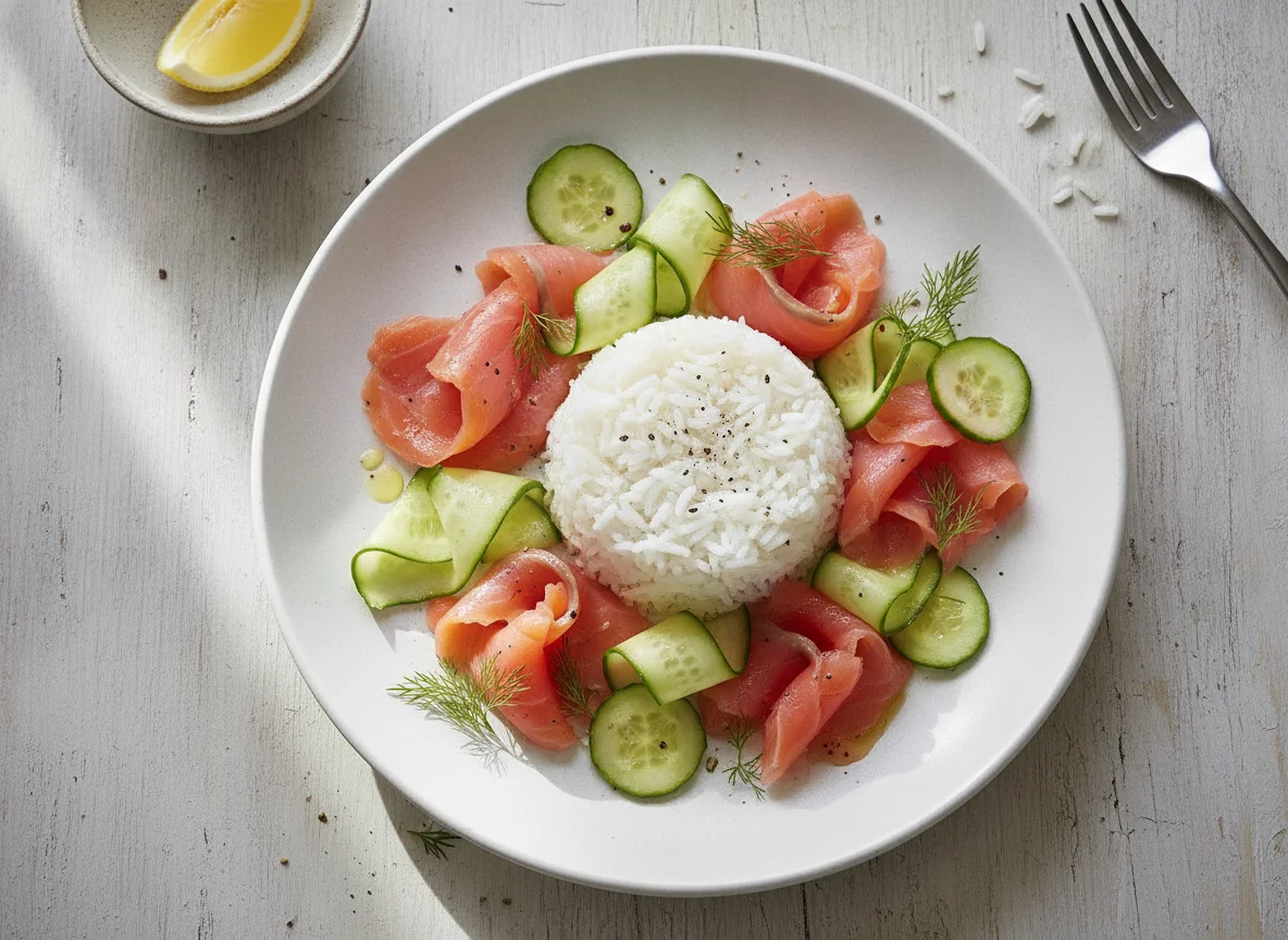 Smoked salmon with rice and cucumber photo