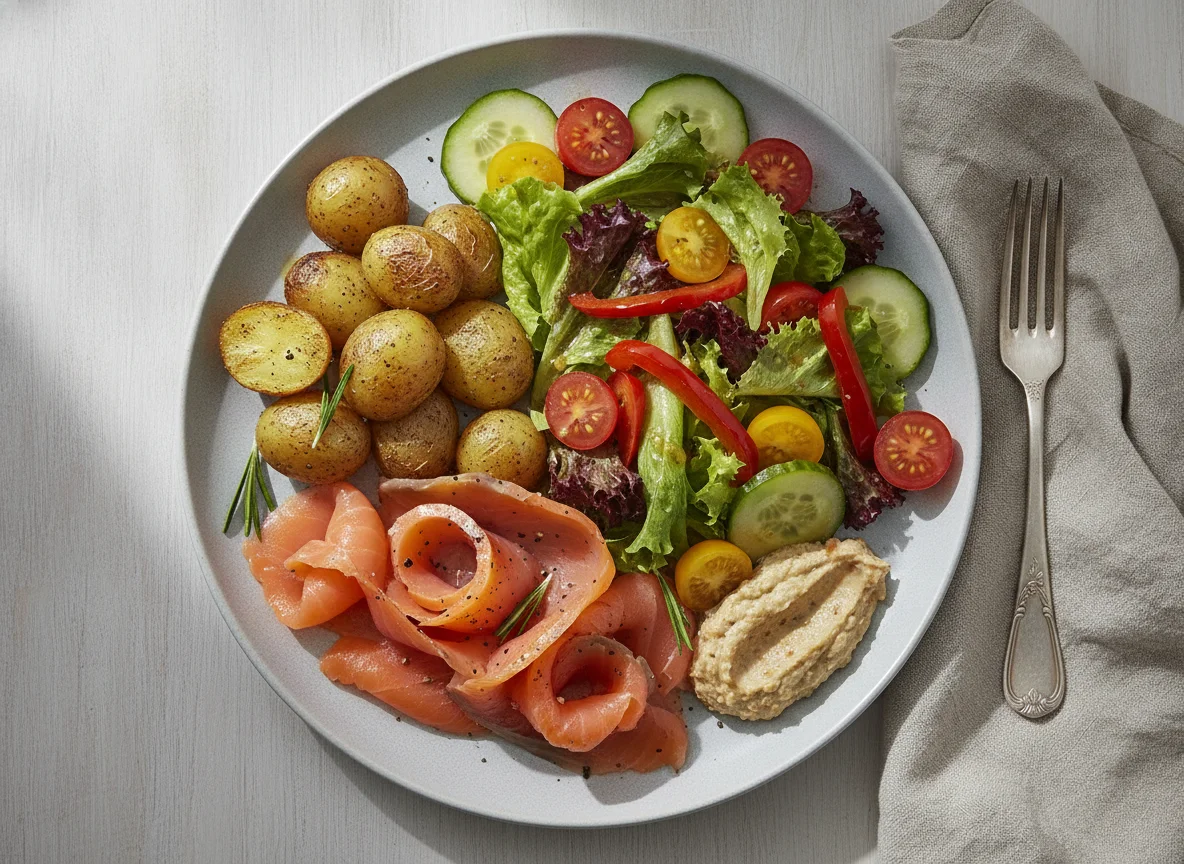 Smoked salmon with roasted potatoes and mixed salad photo