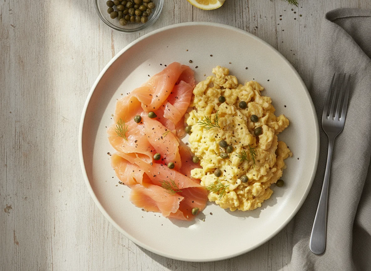 Smoked salmon with scrambled eggs and capers photo