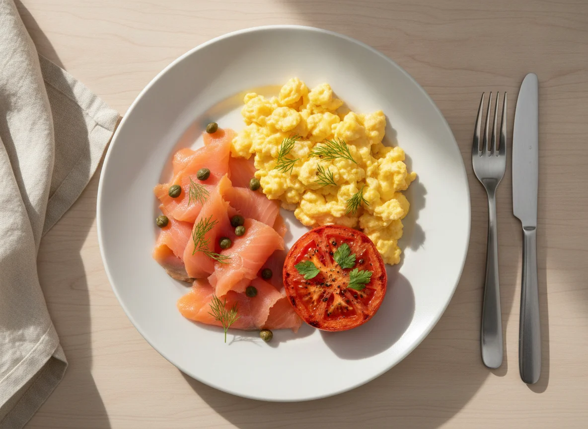 Smoked salmon with scrambled eggs and grilled tomato photo