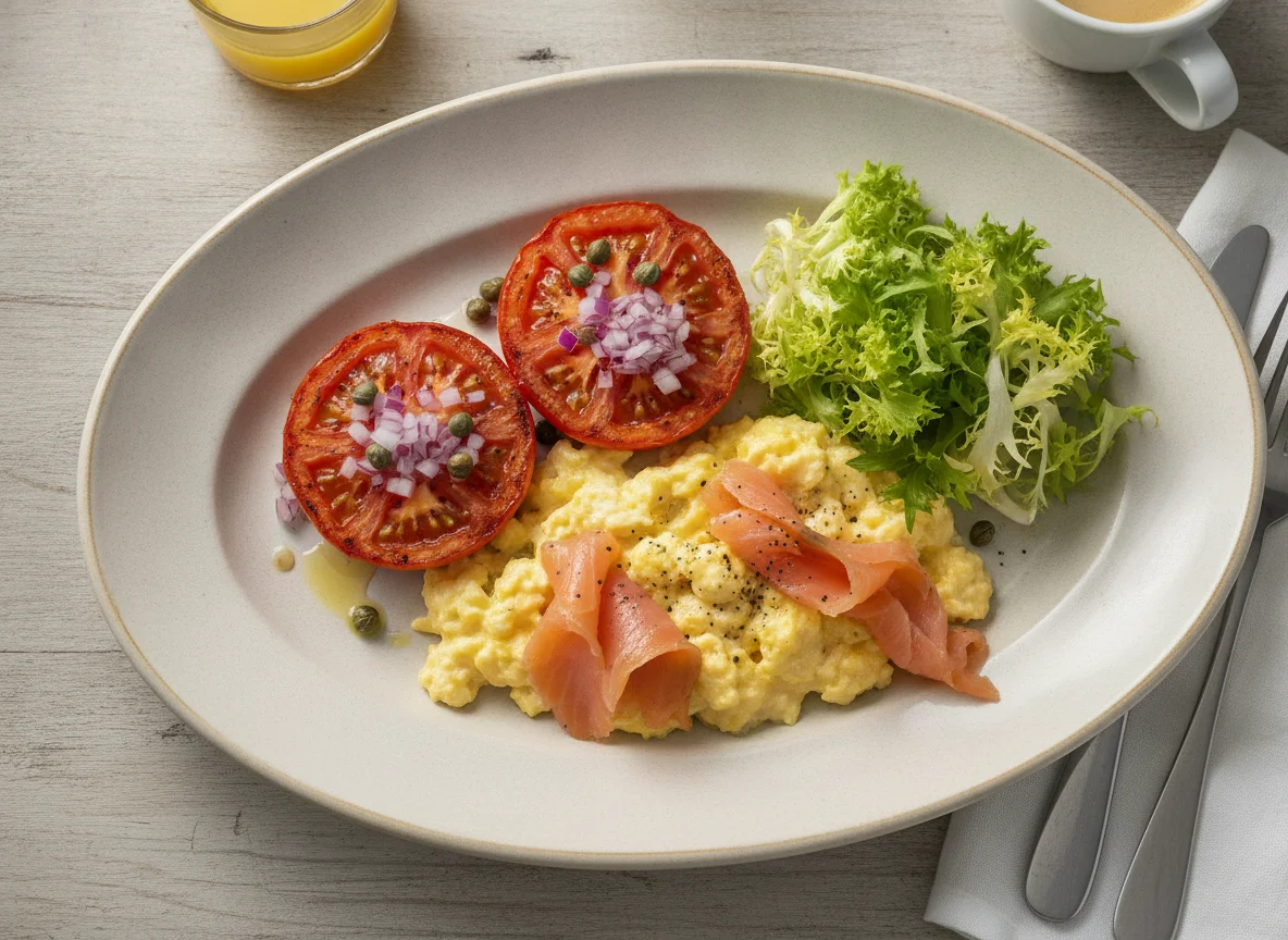 Smoked salmon with scrambled eggs and grilled tomatoes photo