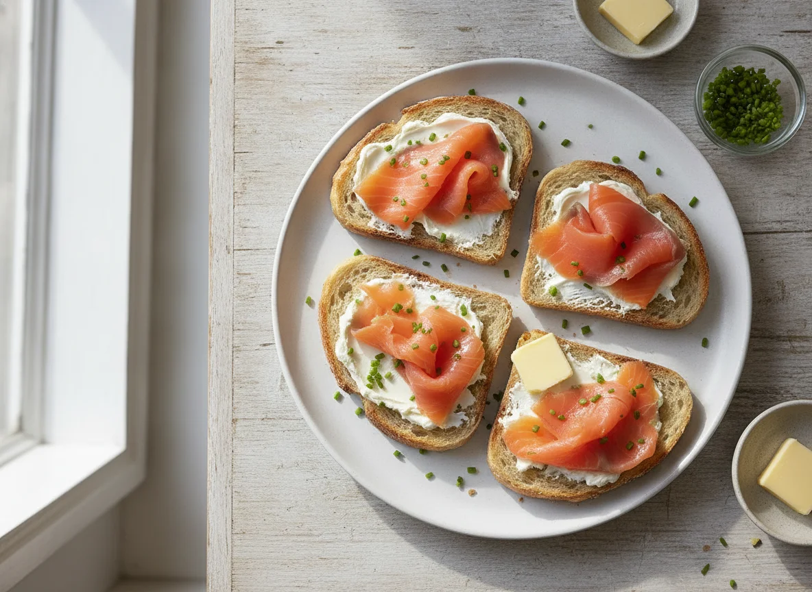 Smoked salmon with sourdough toast and cream cheese photo