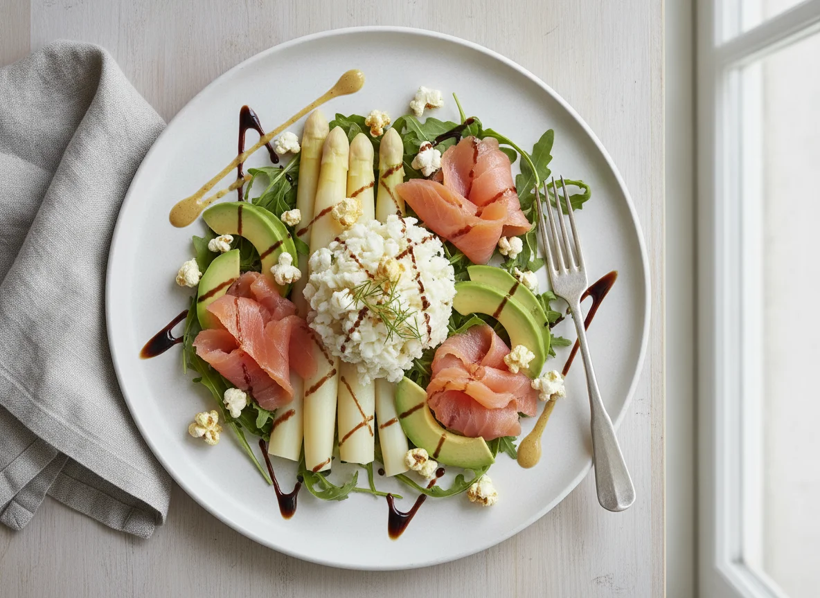 Smoked salmon with white asparagus, avocado, and arugula salad photo