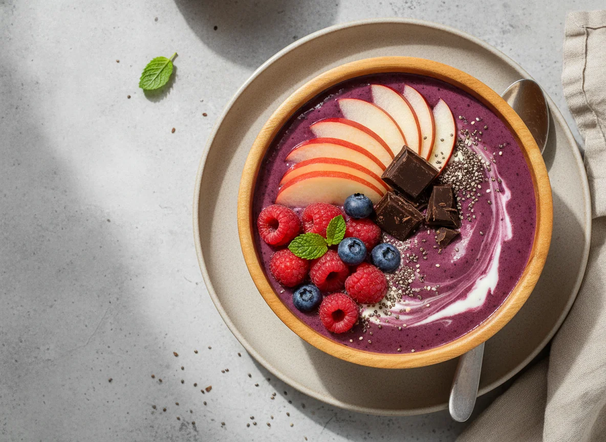 Smoothie bowl with apple and raspberries photo
