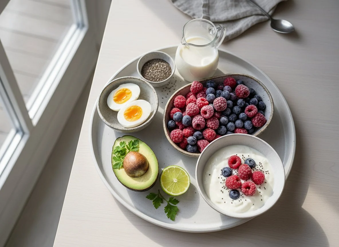 Smoothie ingredients and breakfast items photo