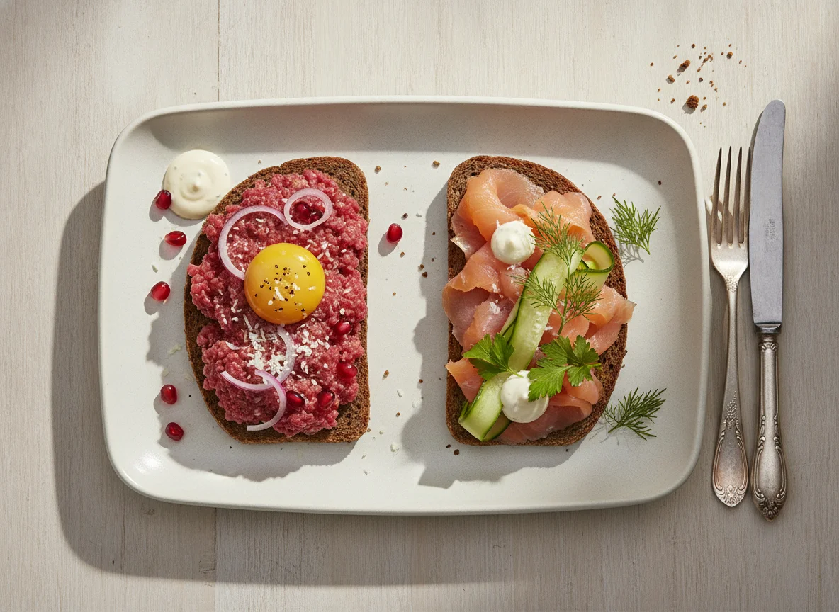 Smørrebrød with Beef Tartare and Smoked Salmon photo