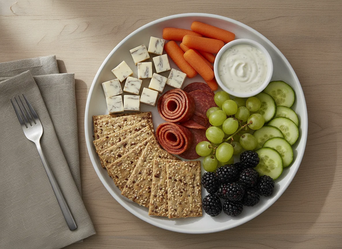 Snack Box with Cheese, Sausage, Crackers, and Fruit photo