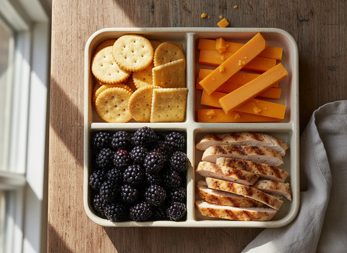 Snack Box with Crackers, Cheese, Blackberries, and Chicken photo