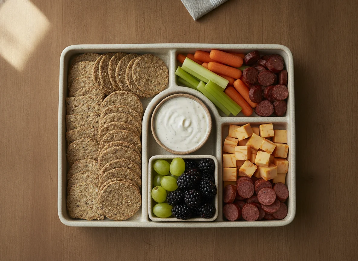 Snack Box with Crackers, Vegetables, Fruit, Cheese, and Sausage photo