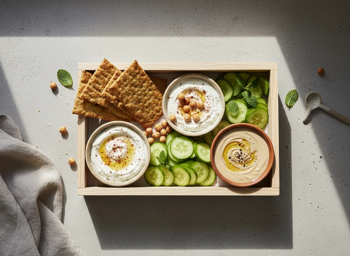 Snack box with crispbread, dips, and cucumber photo