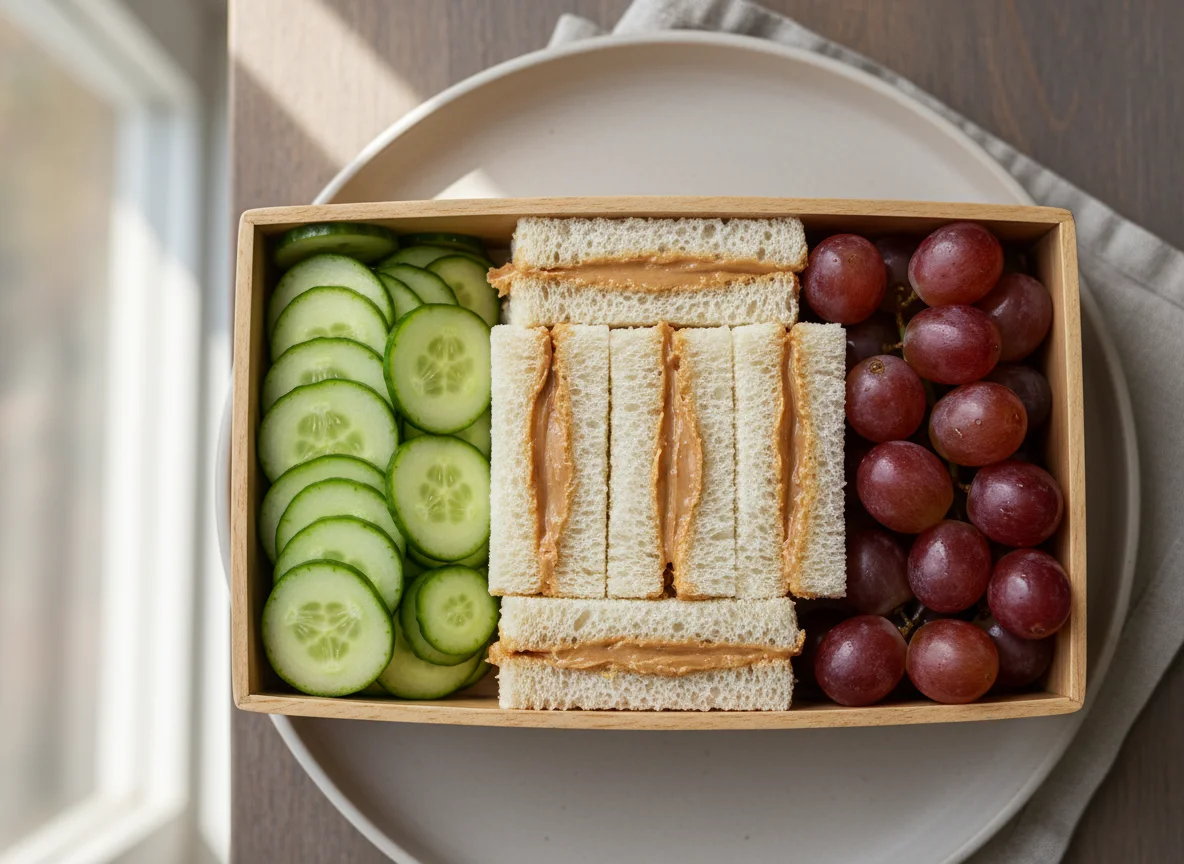 Snack Box with Sandwich Fingers, Cucumber, and Grapes photo