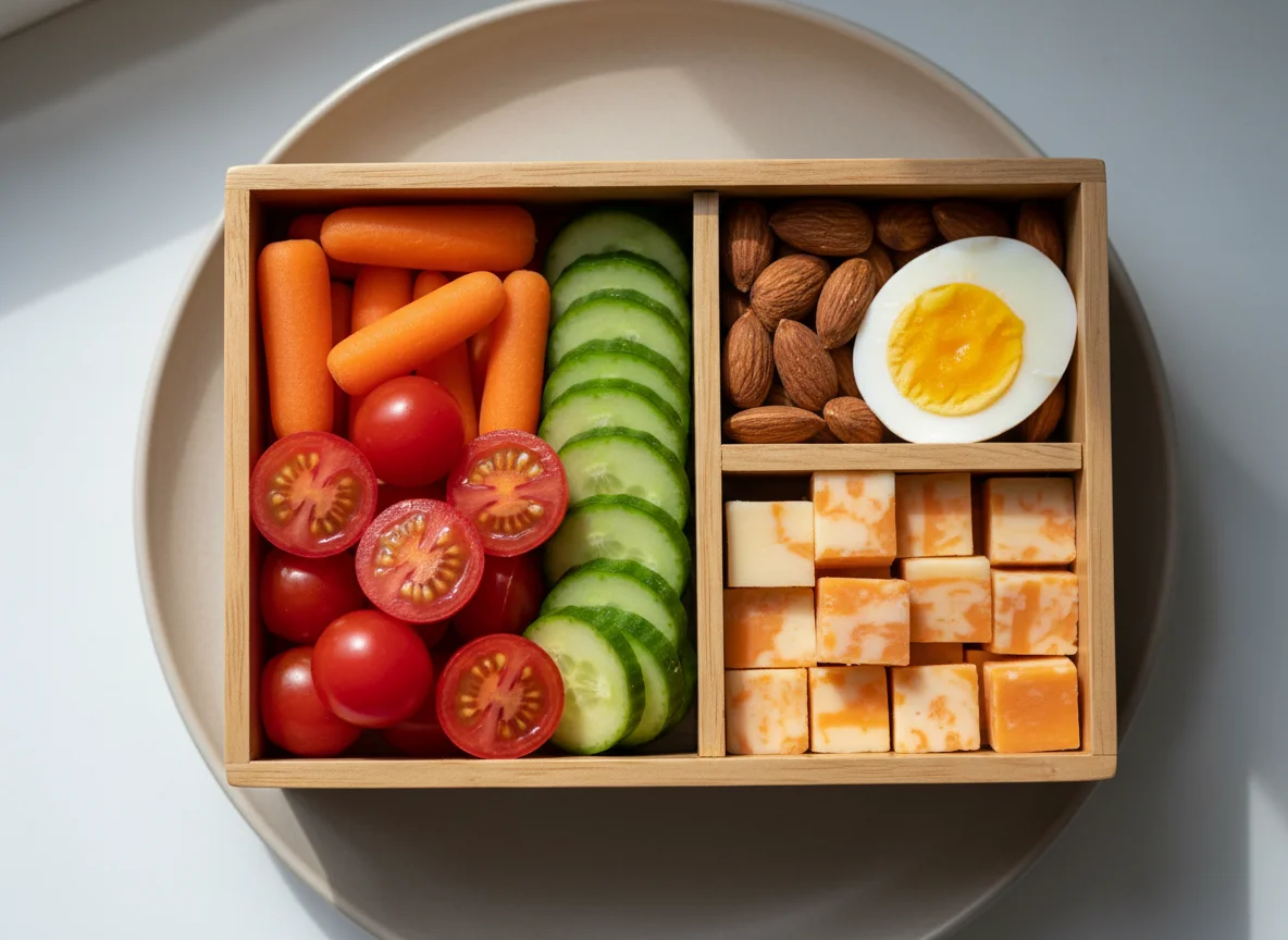 Snack Box with Vegetables, Nuts, Egg, and Cheese photo
