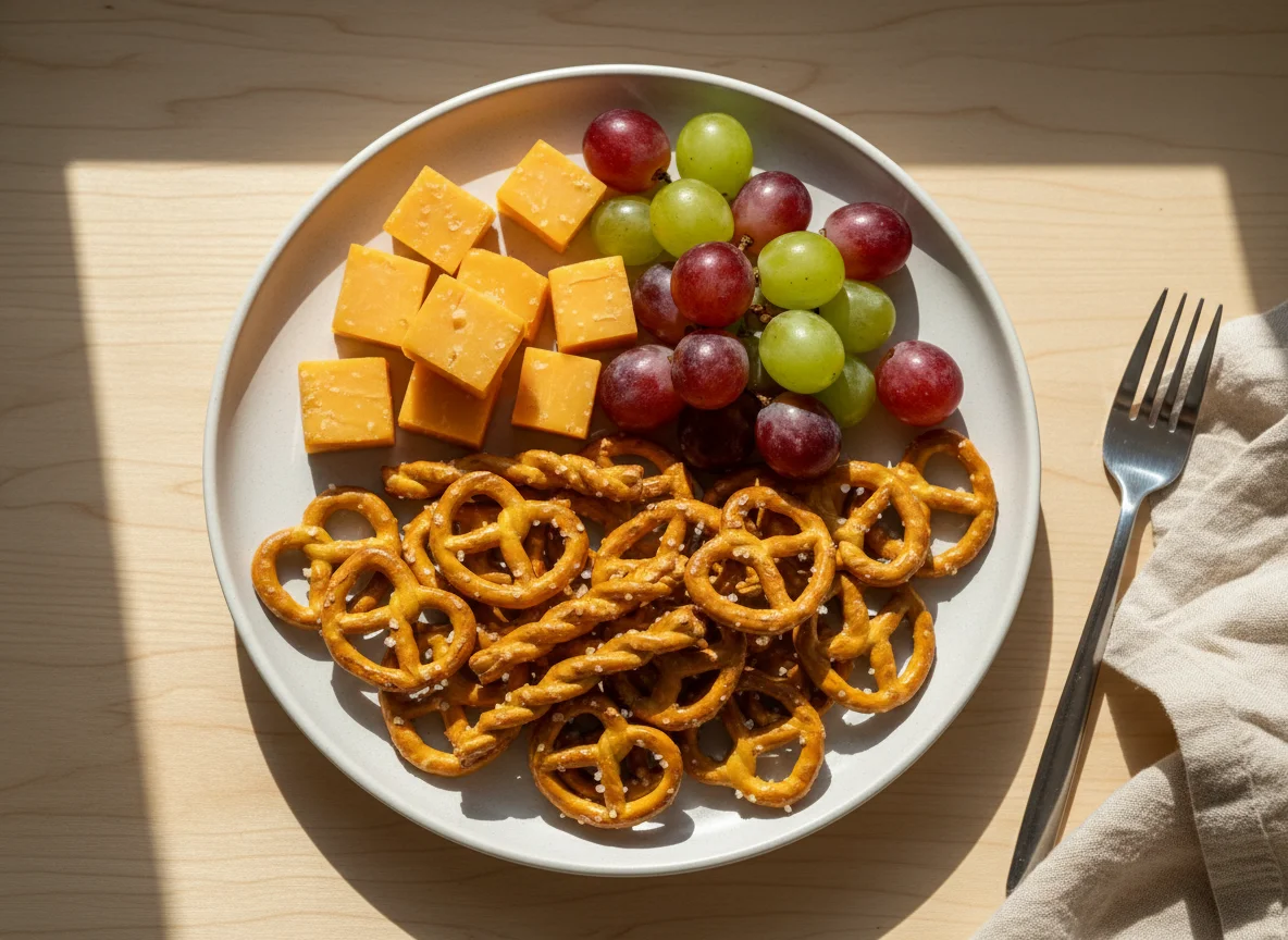 Snack pack with cheddar cheese, grapes, and pretzels photo
