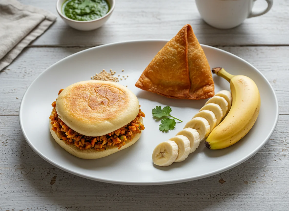 Snack plate with bun, samosa, and banana photo