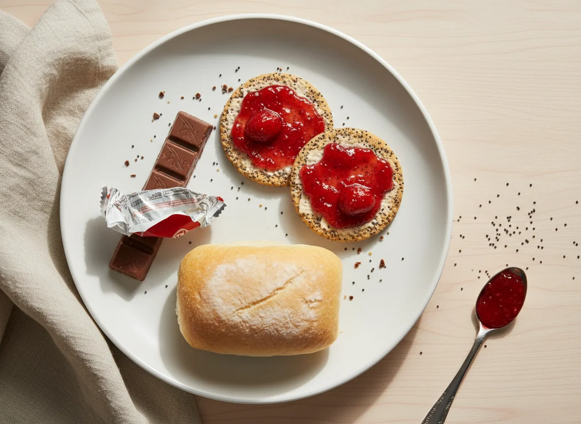 Snack plate with chocolate bar, crackers with jam, and bread roll photo