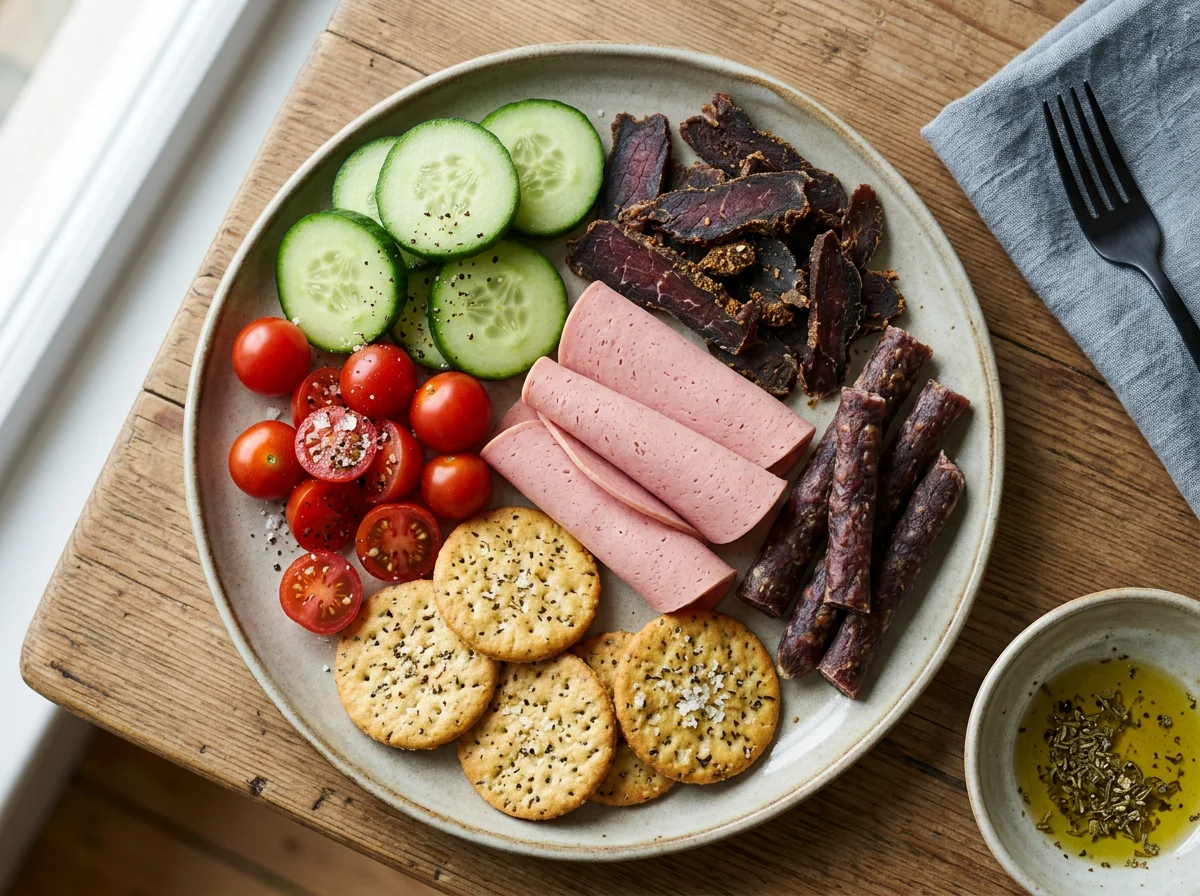 Snack Plate with Cold Cuts, Crackers, and Vegetables photo