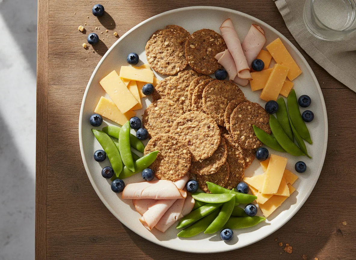 Snack Plate with Crackers, Cheese, Turkey, Blueberries, and Snap Peas photo