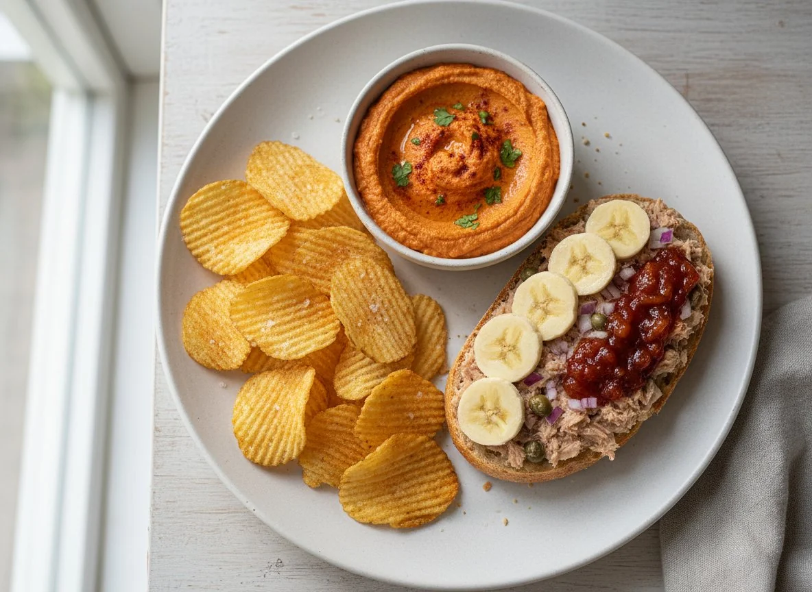 Snack plate with crisps, dip, and open sandwich photo
