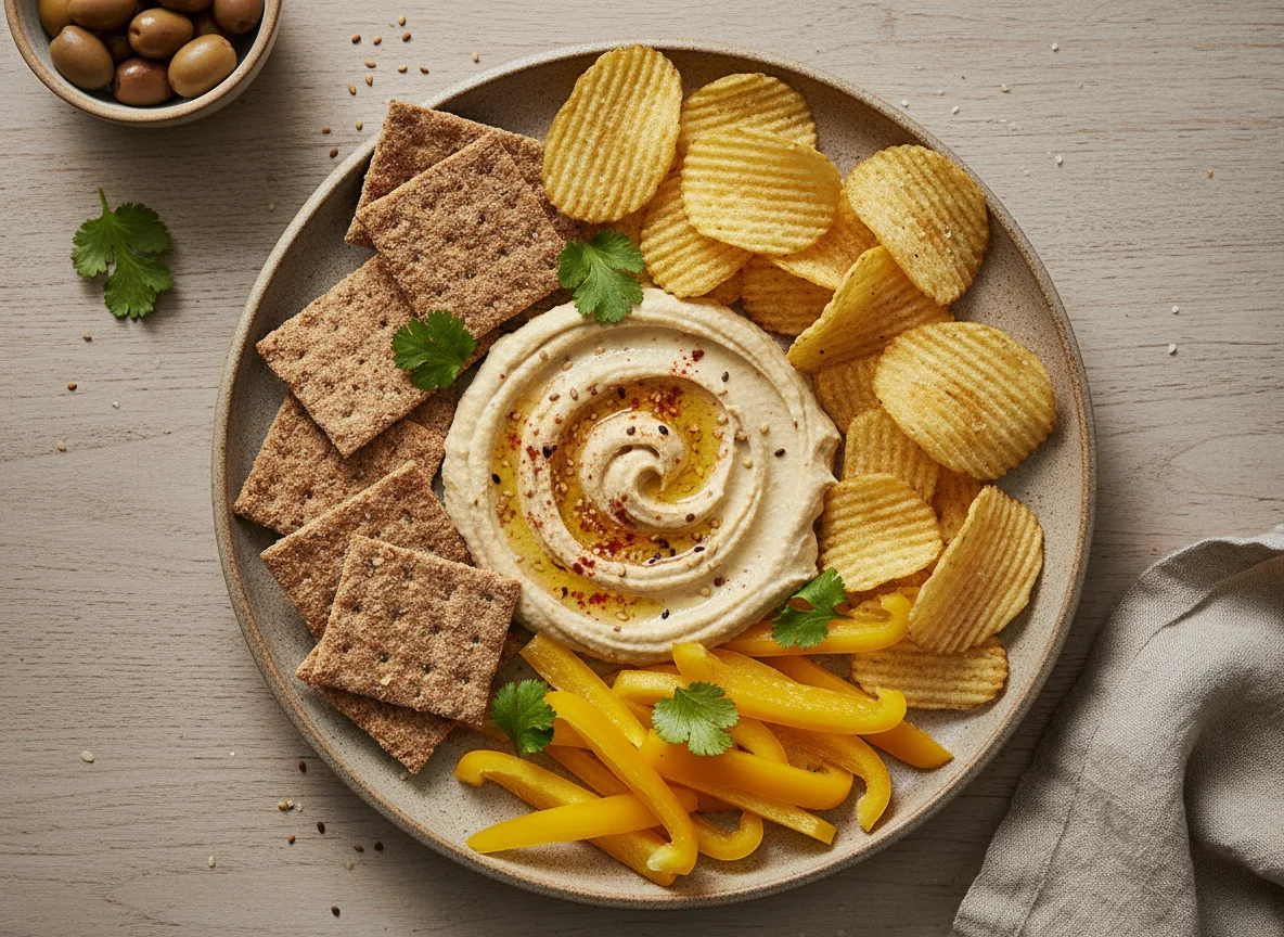 Snack plate with hummus, crispbread, chips, and bell pepper photo