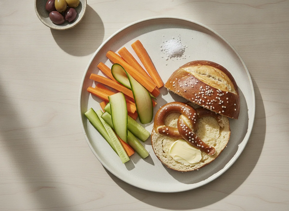Snack plate with pretzel roll, carrot, and cucumber photo