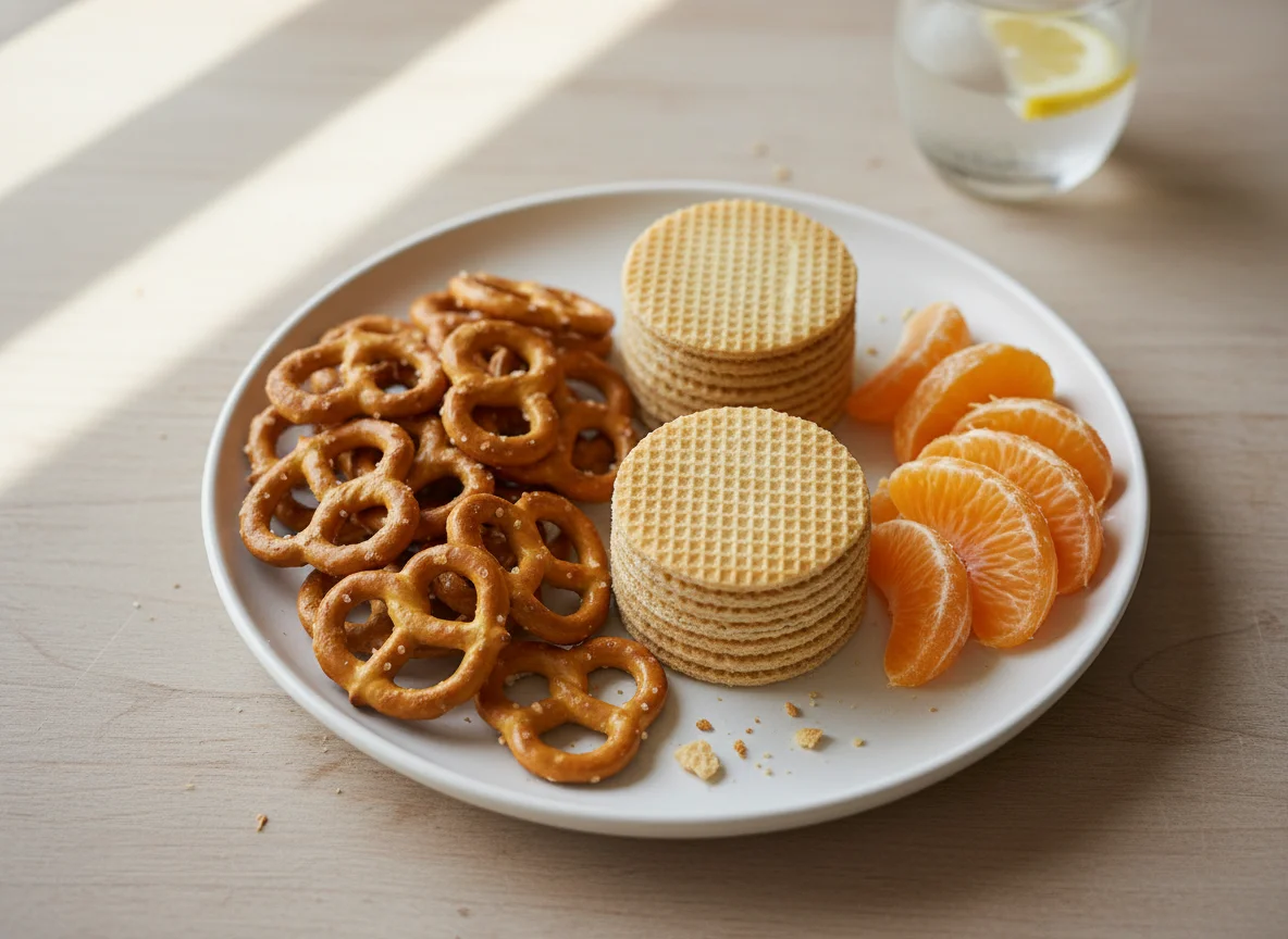 Snack Plate with Pretzels, Cookies, and Mandarin Orange photo