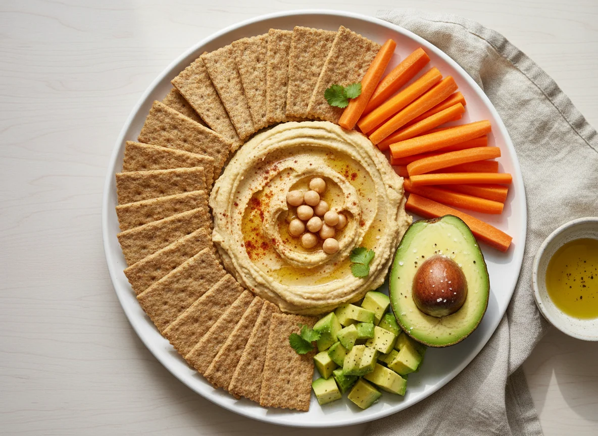 Snack Platter with Carrots, Avocado, Crackers, and Hummus photo