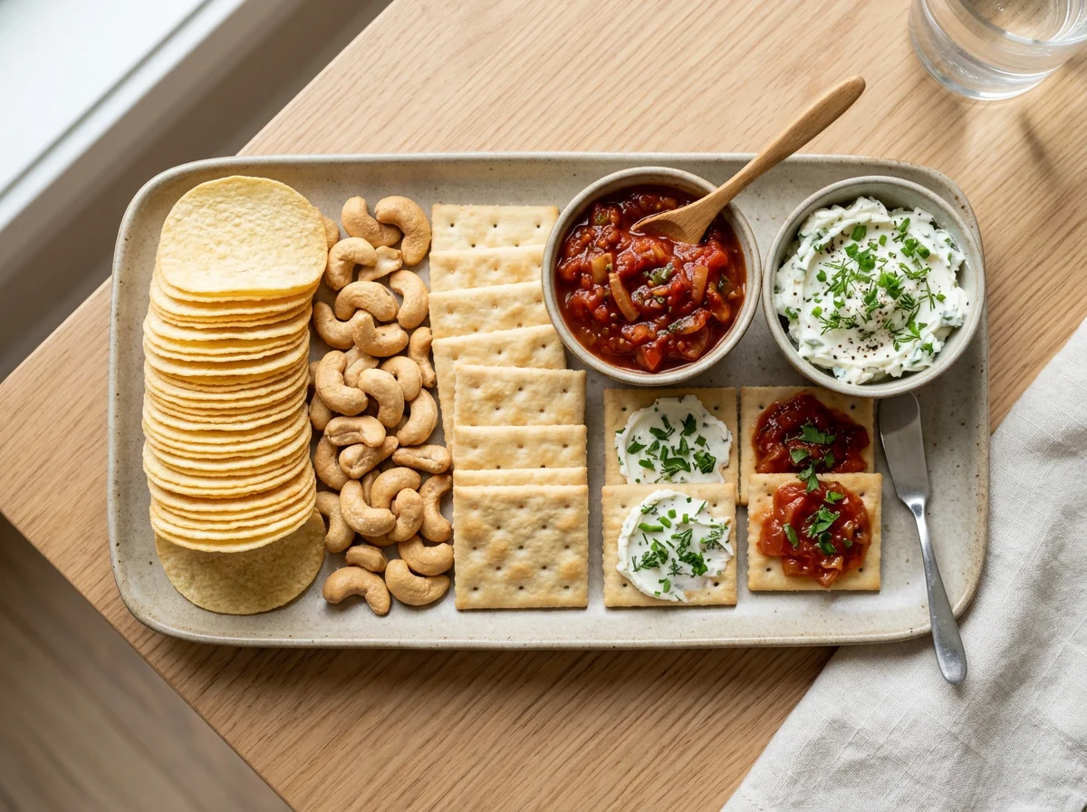 Snack Platter with Crisps, Cashews, and Crackers with Toppings photo
