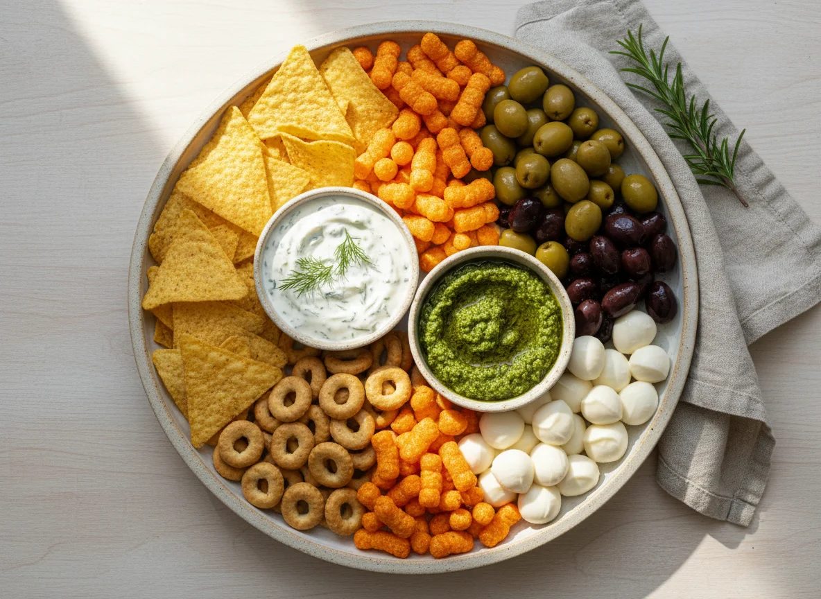 Snack Platter with Dips, Olives, Cheese, and Crisps photo