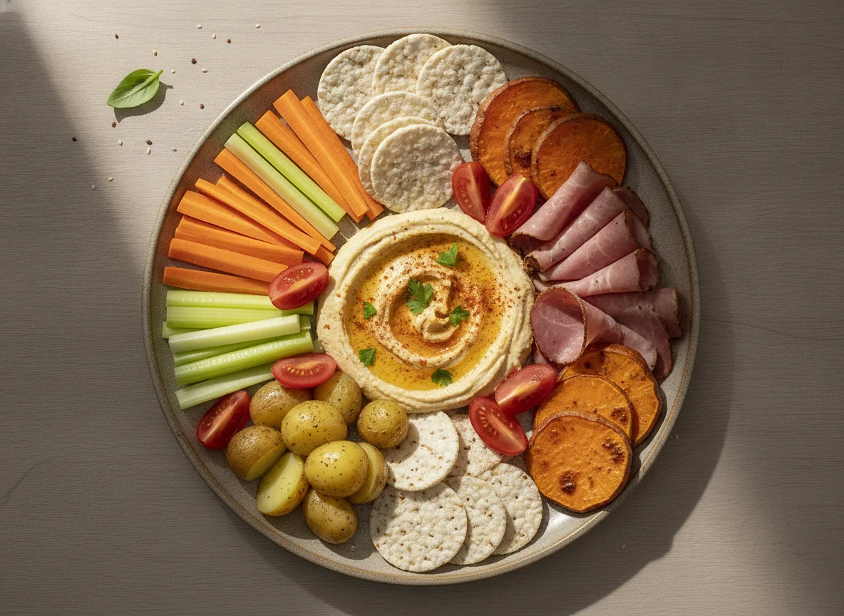 Snack platter with hummus, vegetables, and crackers photo