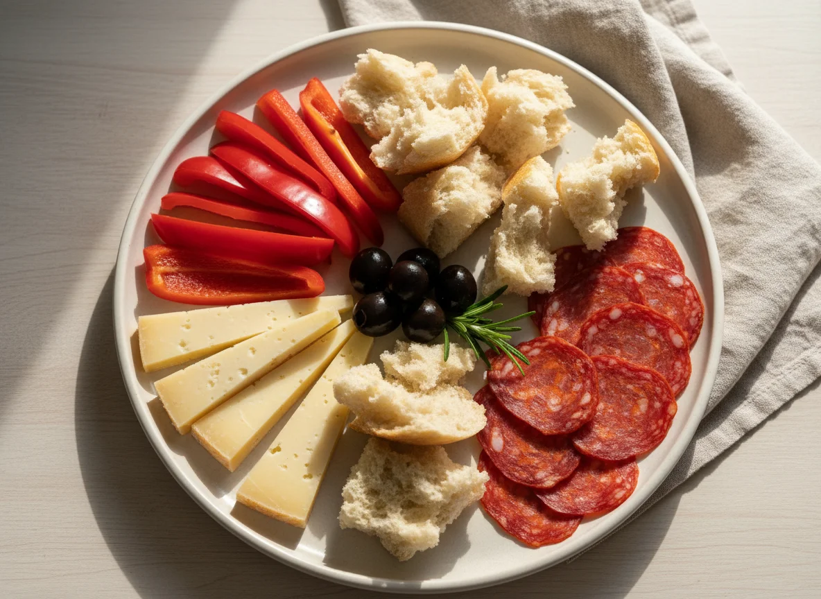 Snack platter with salami, cheese, and bell pepper photo