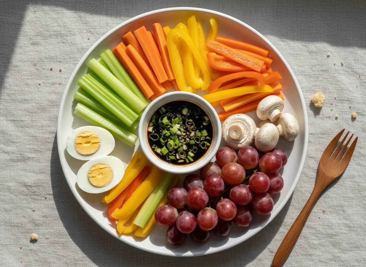 Snack Platter with Vegetables, Eggs, Grapes, and Dip photo