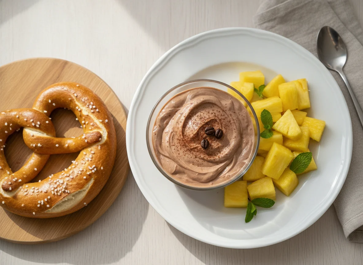Snack selection with pretzel, yogurt, and pineapple photo