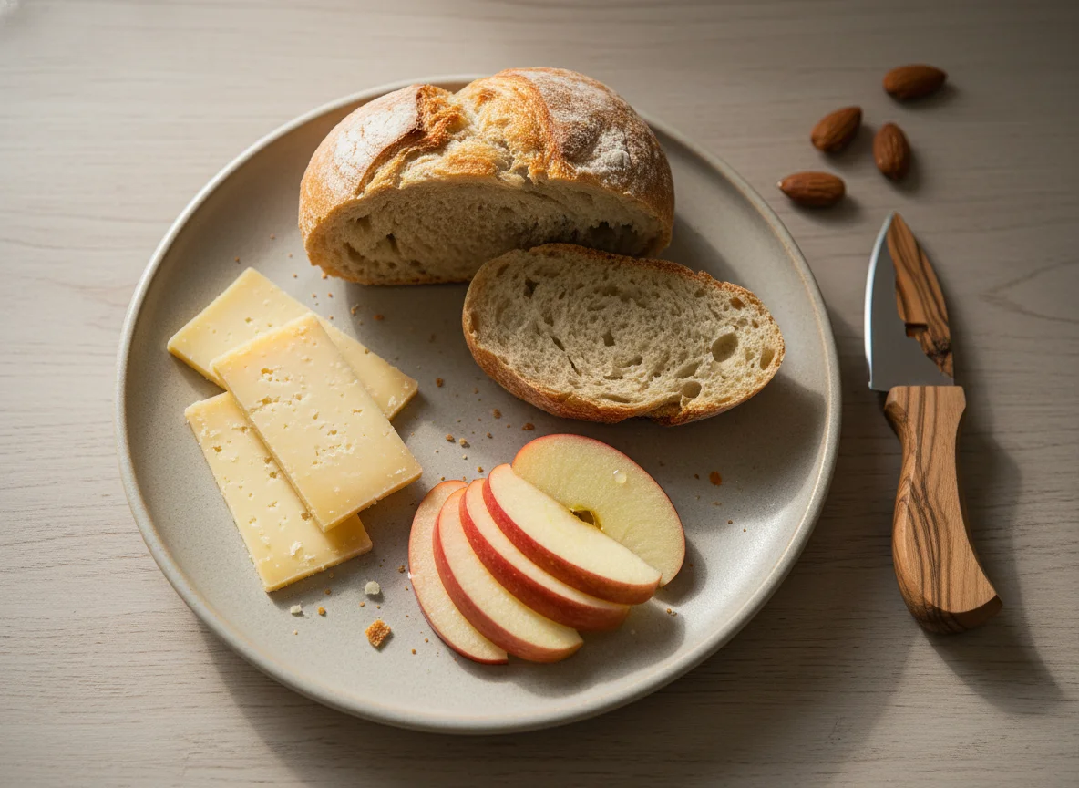 Snack with bread, cheese and apple photo