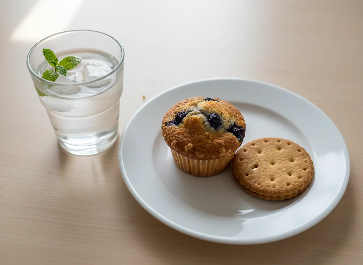 Snack with muffin, biscuit, and water photo