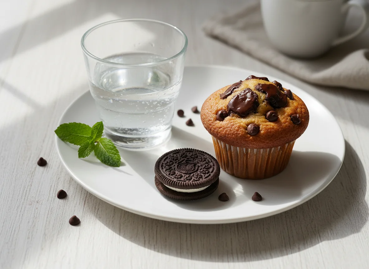 Snack with Muffin, Cookie, and Water photo