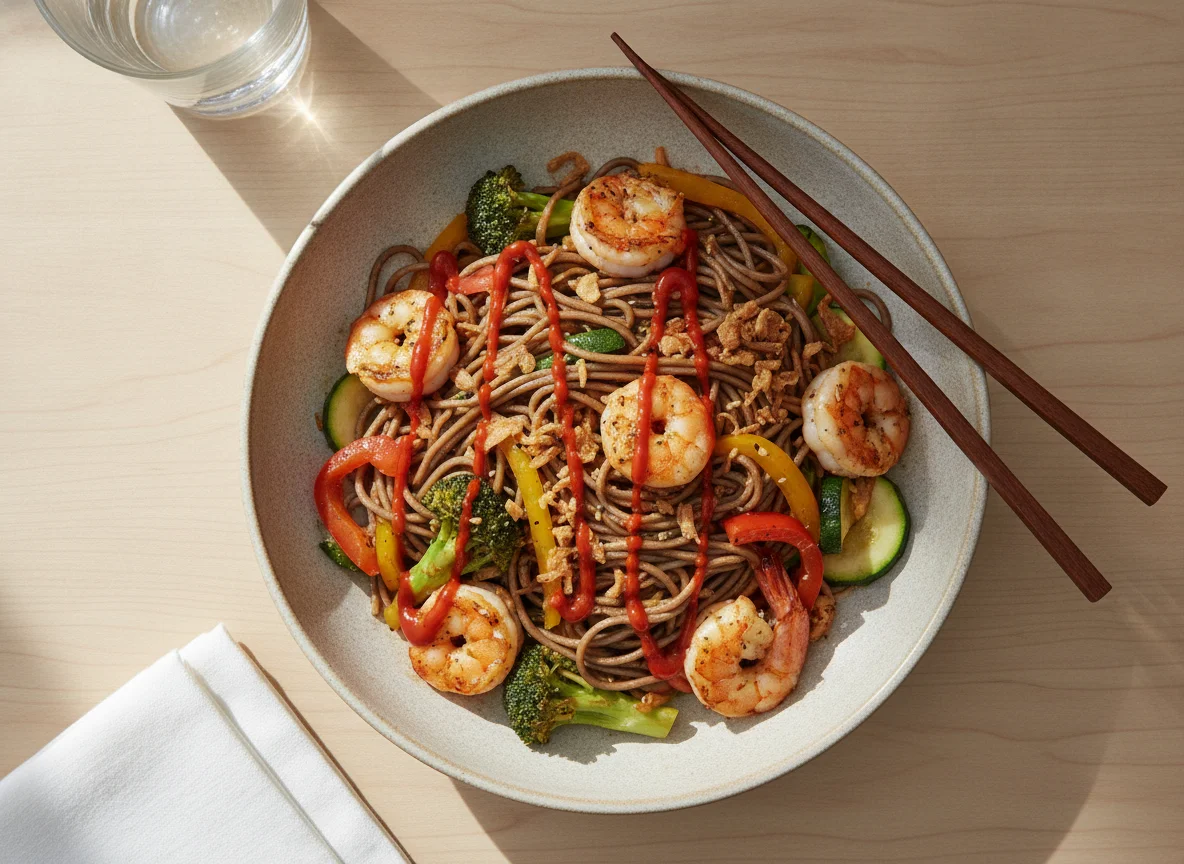 Soba noodles with shrimp and vegetables photo