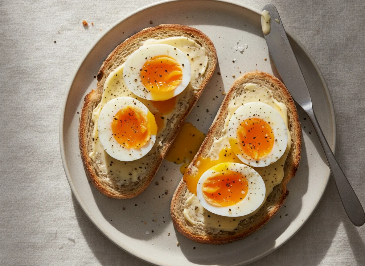 Soft boiled eggs on sourdough toast photo